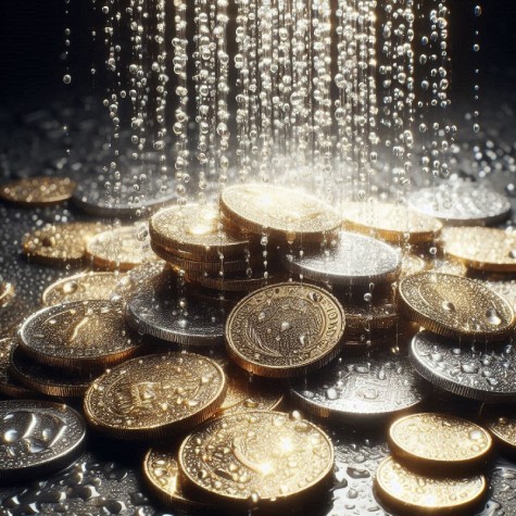 agua que cae sobre muchas monedas regándolas